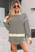 Black Stripe Textured Drop Shoulder Pullover Top Drawstring Mini Skort Two Piece Dress Set