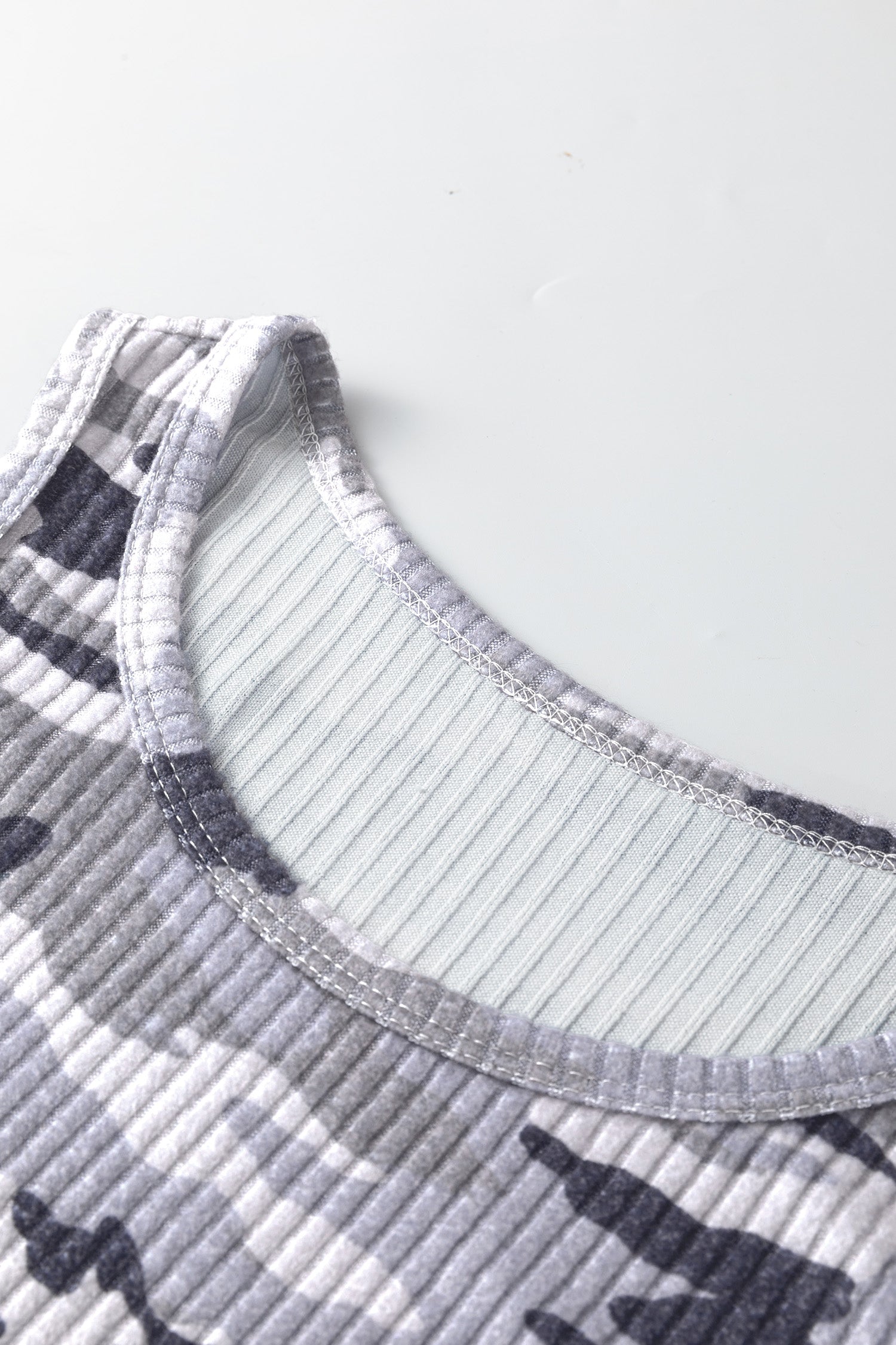 Gray Camouflage Print Ribbed Knit Round Neck Tank Top