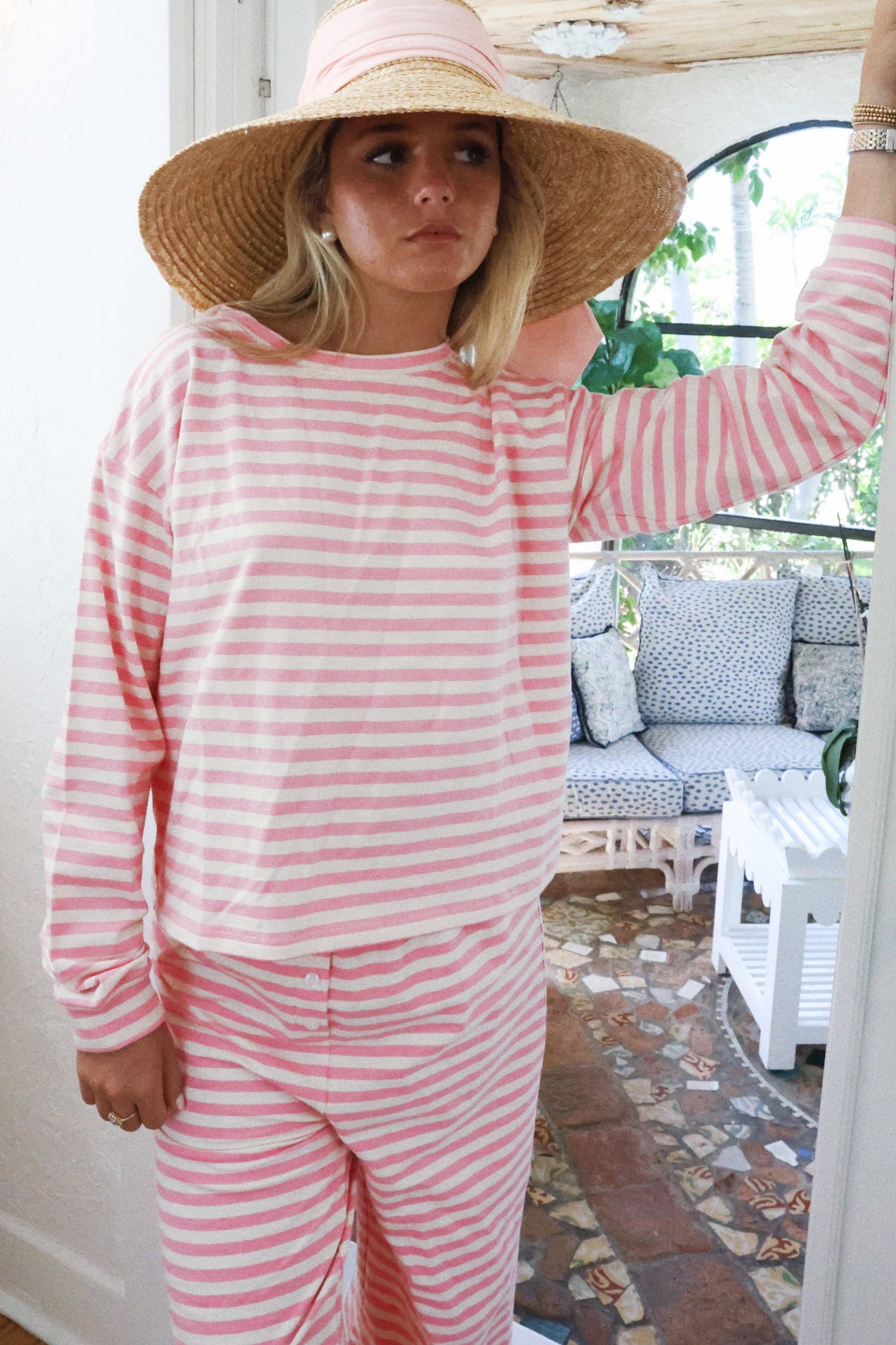 Pink Stripe Drop Shoulder Round Neck Top and Buttoned Straight Pants Two Piece Set