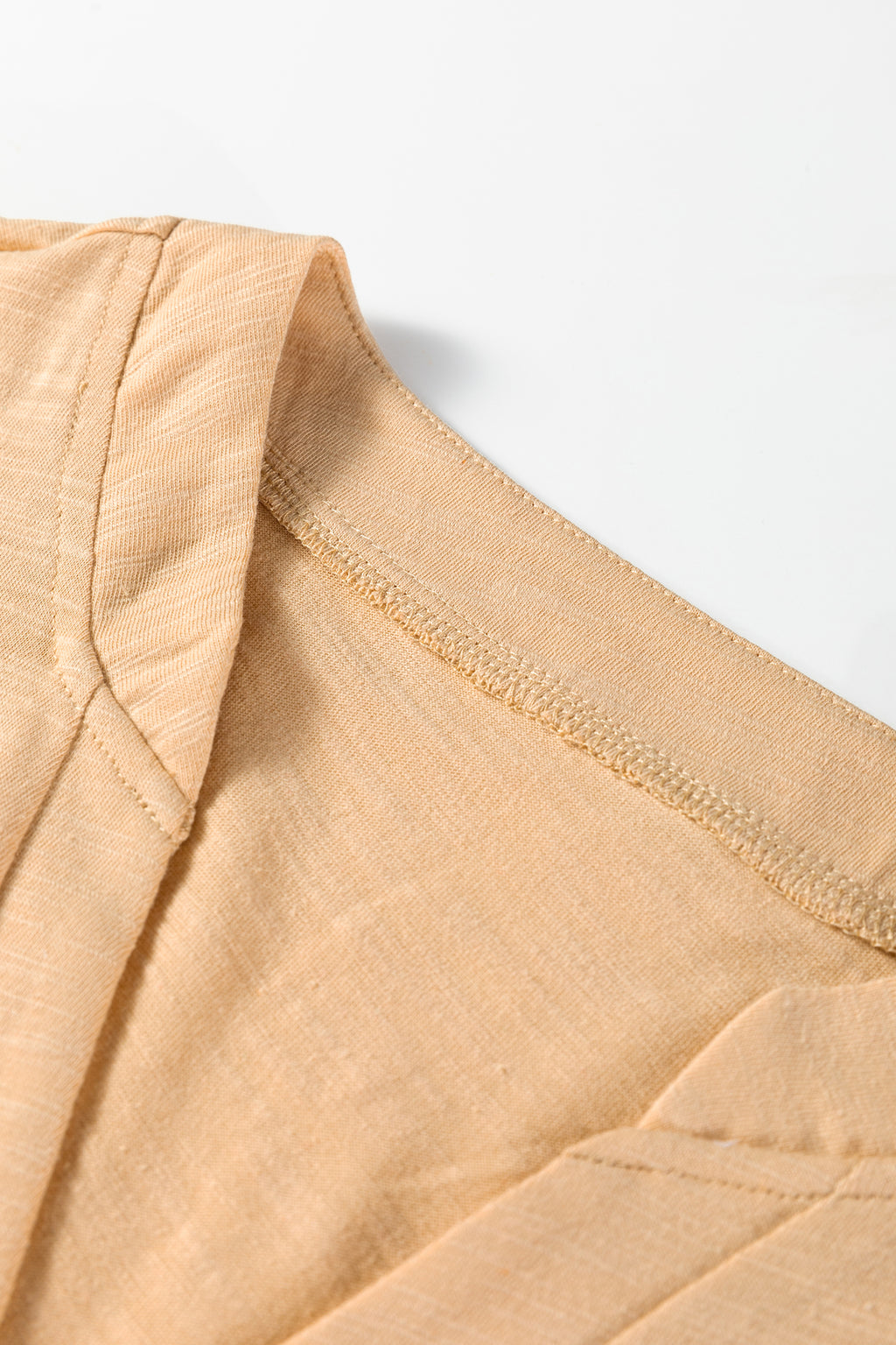 Light French Beige Solid Color Button V Neck Long Sleeve Top