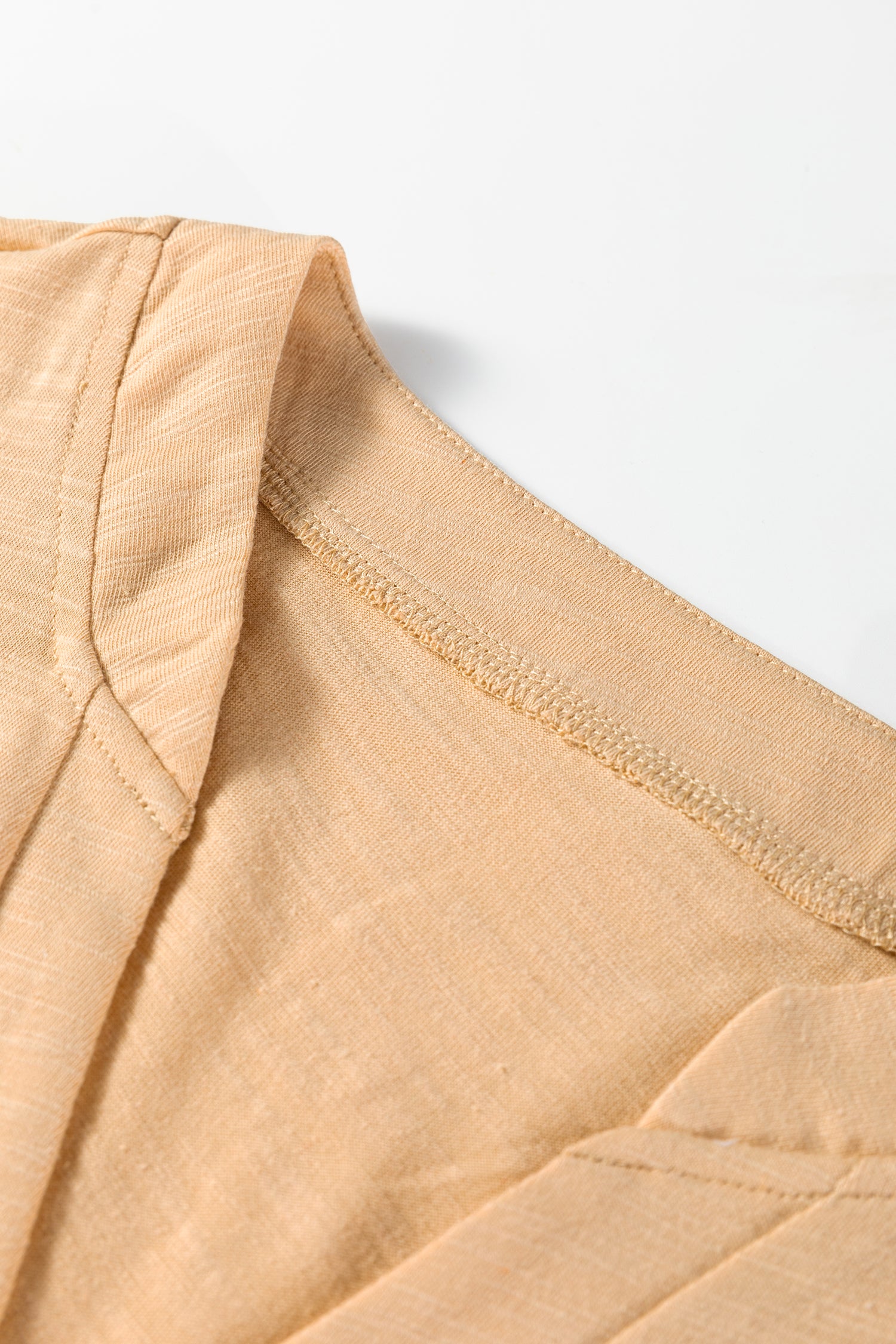 Light French Beige Solid Color Button V Neck Long Sleeve Top