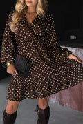 Chicory Coffee Polka Dot Long Sleeve Wrap V Neck Ruffle Hem Mini Dress