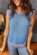 Sky Blue Contrast Trim Round Neck Sleeveless Sweater