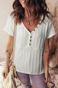 White Solid Color Textured Button V Neck Raw Seam Henley Tee