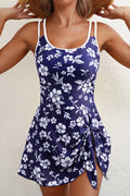 Blue Crossed Back Floral Print Asymmetric Knot Side One Piece Swimsuit