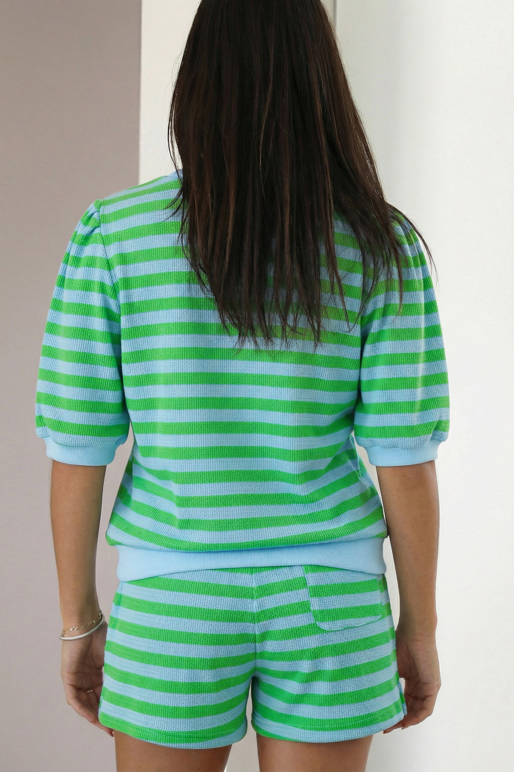 Green Stripe Puff Short Sleeve T Shirt Matching Shorts Set
