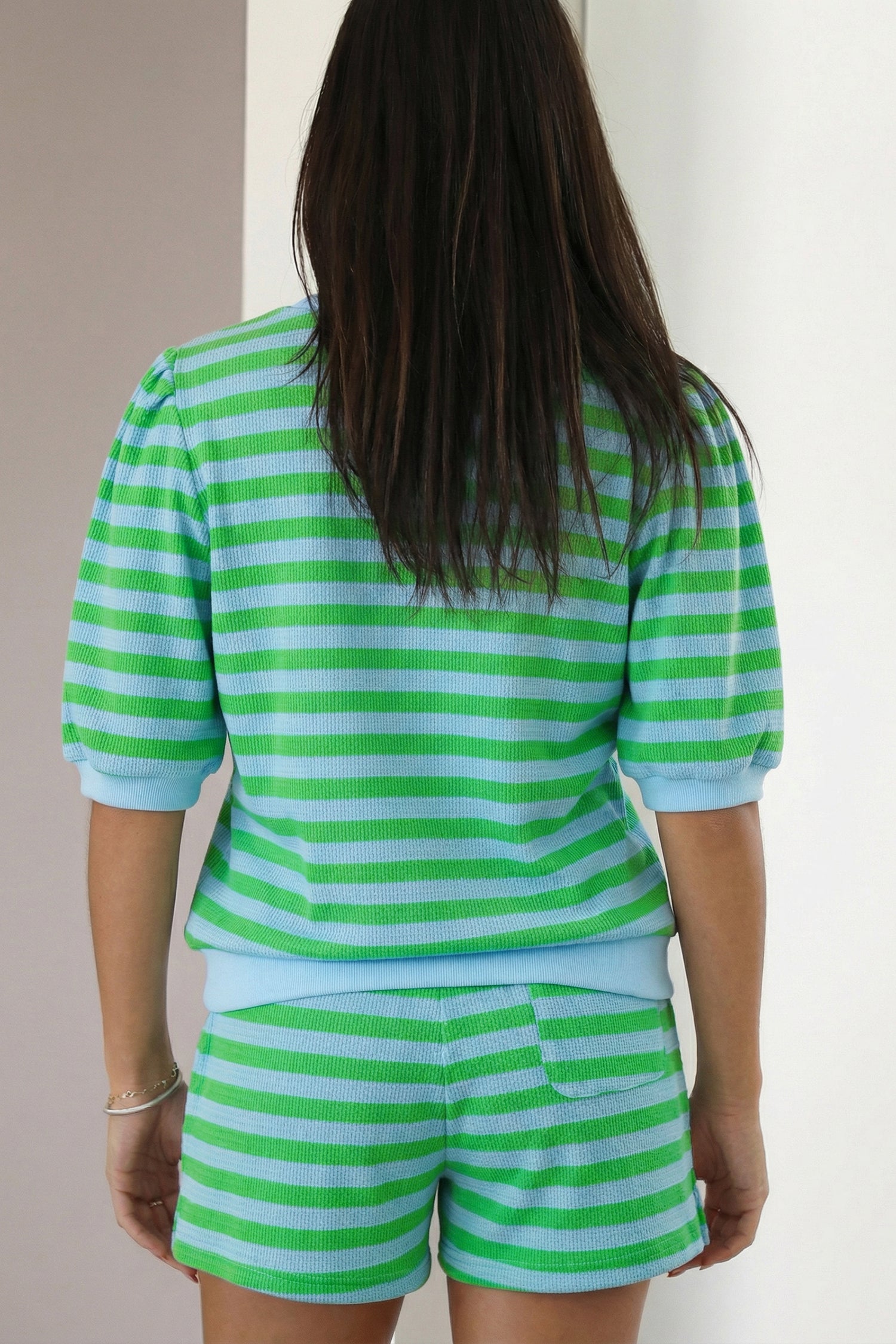 Green Stripe Puff Short Sleeve T Shirt Matching Shorts Set