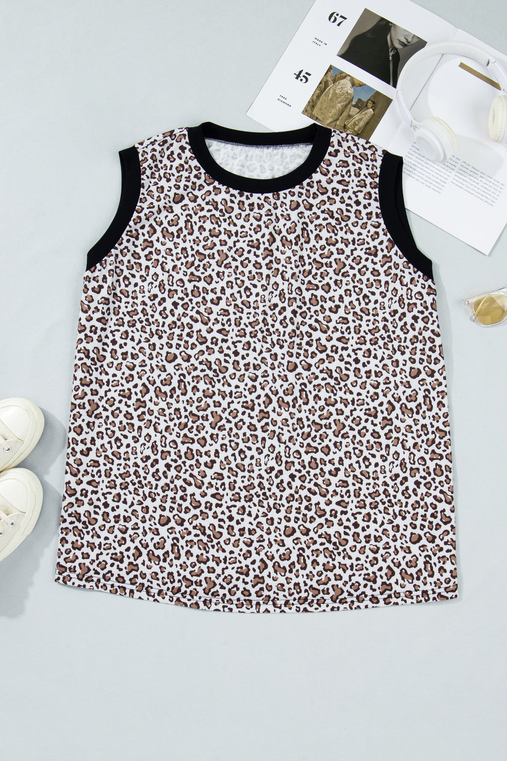 Khaki Contrast Trim Plus Size Leopard Vest