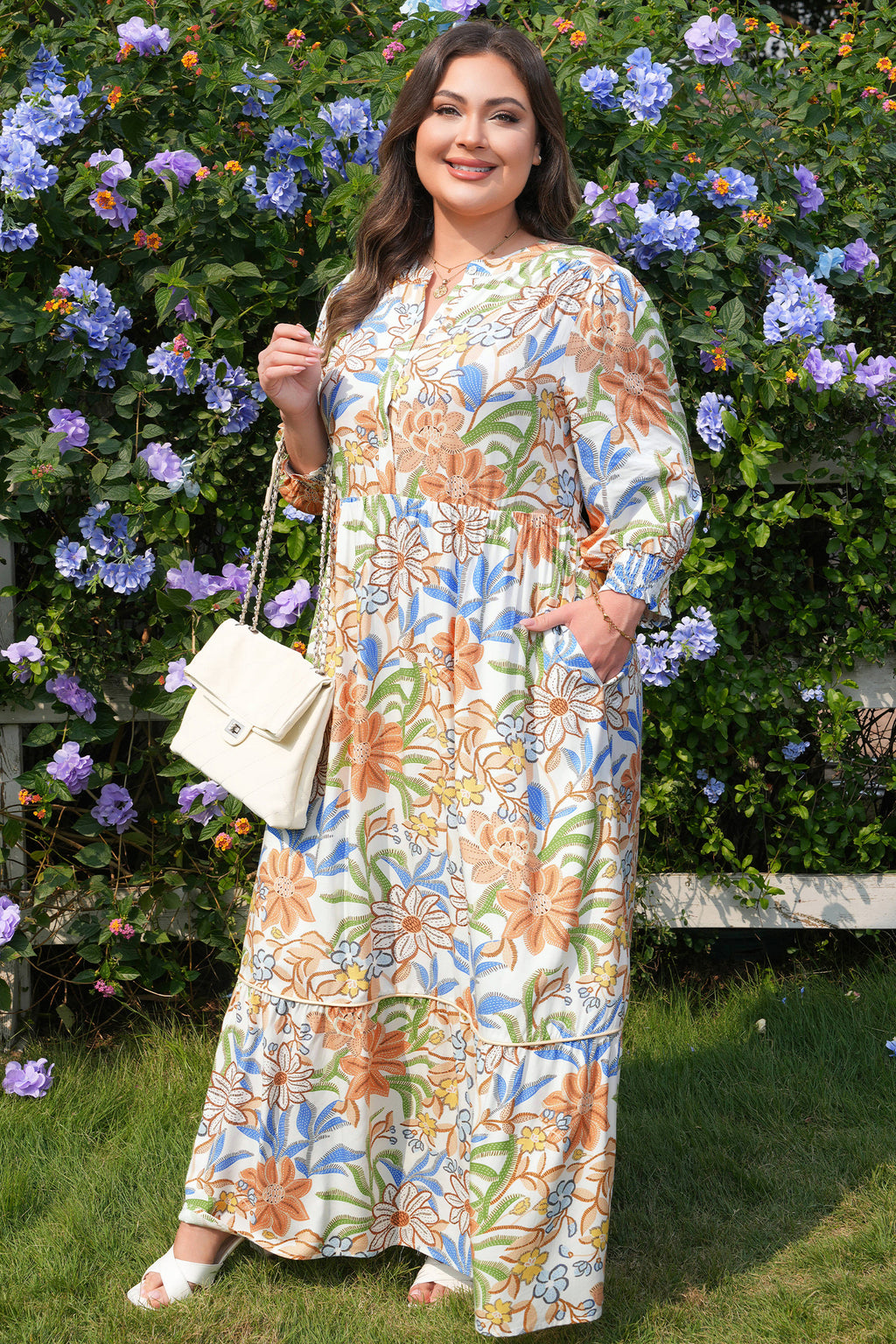 Khaki Floral Print 3/4 Sleeves Tiered Plus Size Long Dress