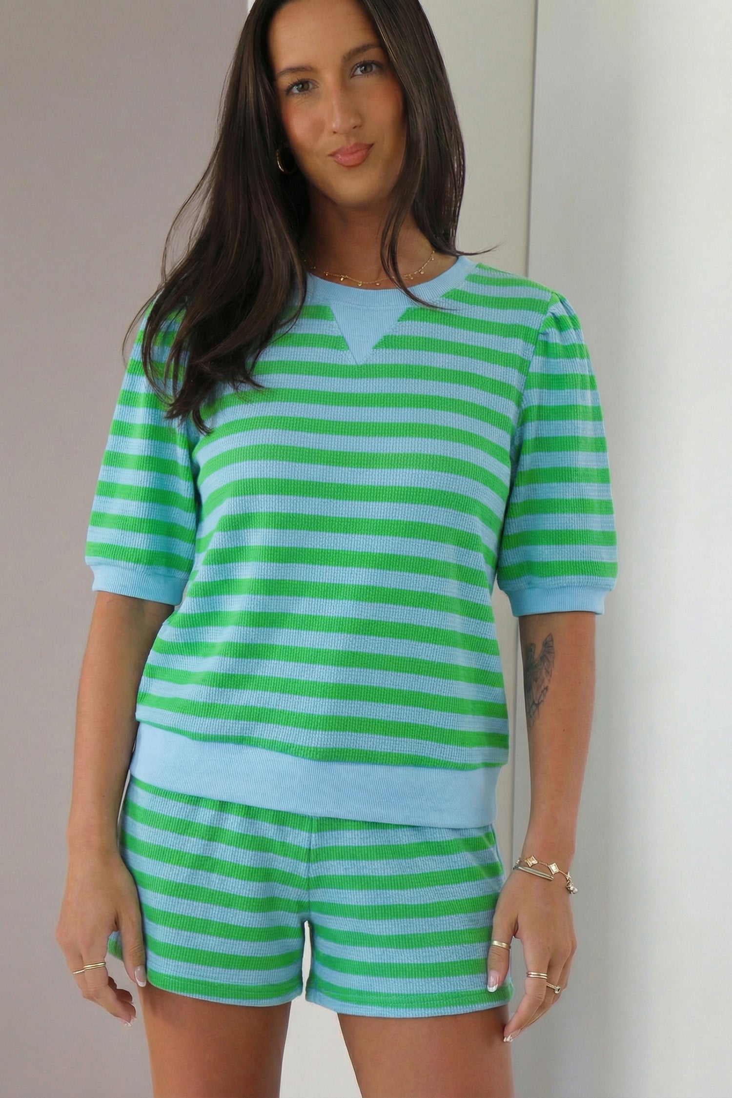 Green Stripe Puff Short Sleeve T Shirt Matching Shorts Set