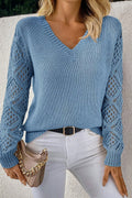 Beau Blue Solid V Neck Pointelle Knit Sleeve Patchwork Sweater