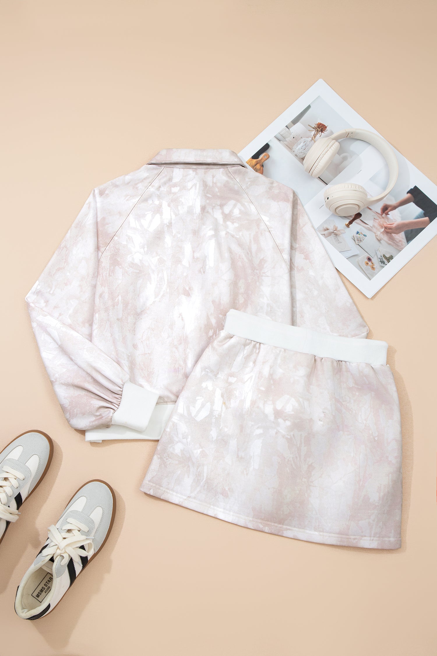 White Abstract Woodland Print Balloon Sleeve Pullover Drawstring Mini Skort Set