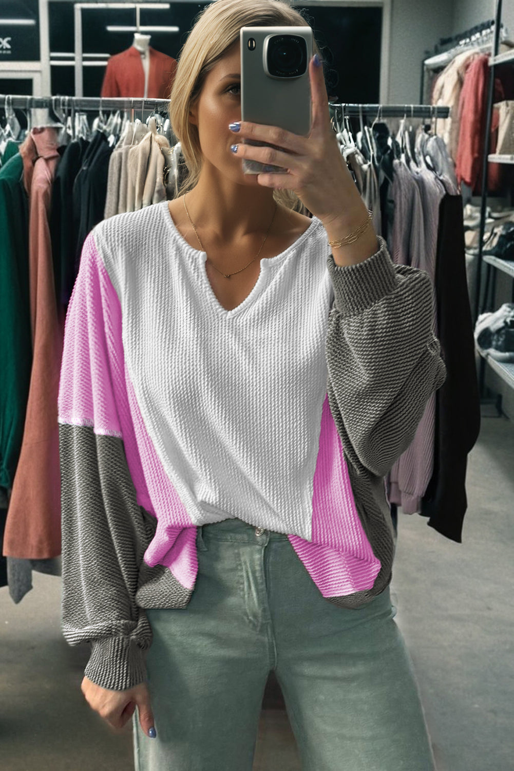 White Spiral Ribbed Raw Seam Color Block Patchwork Long Sleeve Top