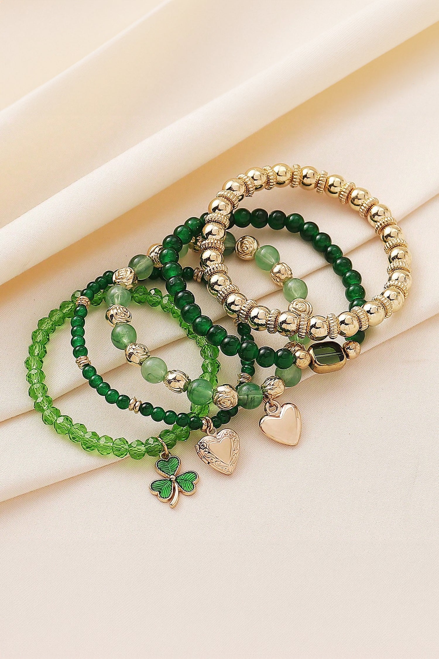 Green 5pcs St Patrick Lucky Beading Heart Charm Bracelets Set