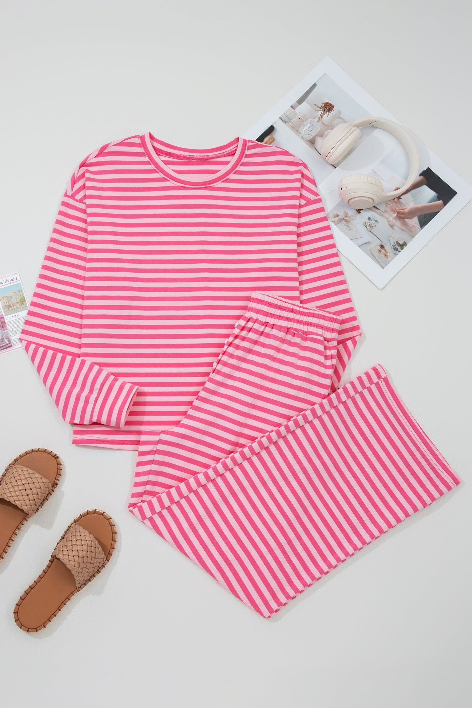 Rose Stripe Drop Shoulder Round Neck Top and Buttoned Straight Pants Two Piece Set