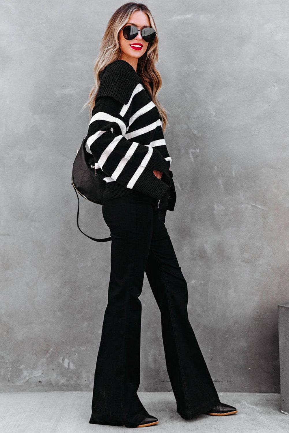 Black Caped V Neck Slit Sleeve Striped Sweater
