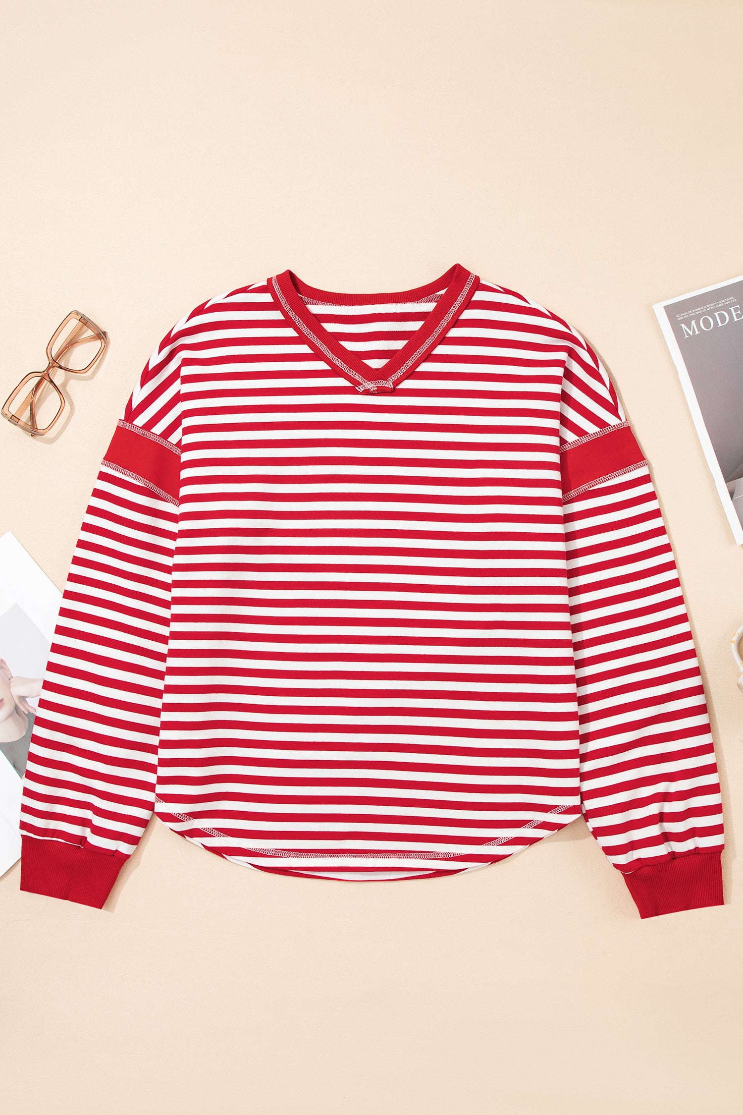 Red Stripe Exposed Seam V Neck Balloon Sleeve Pullover