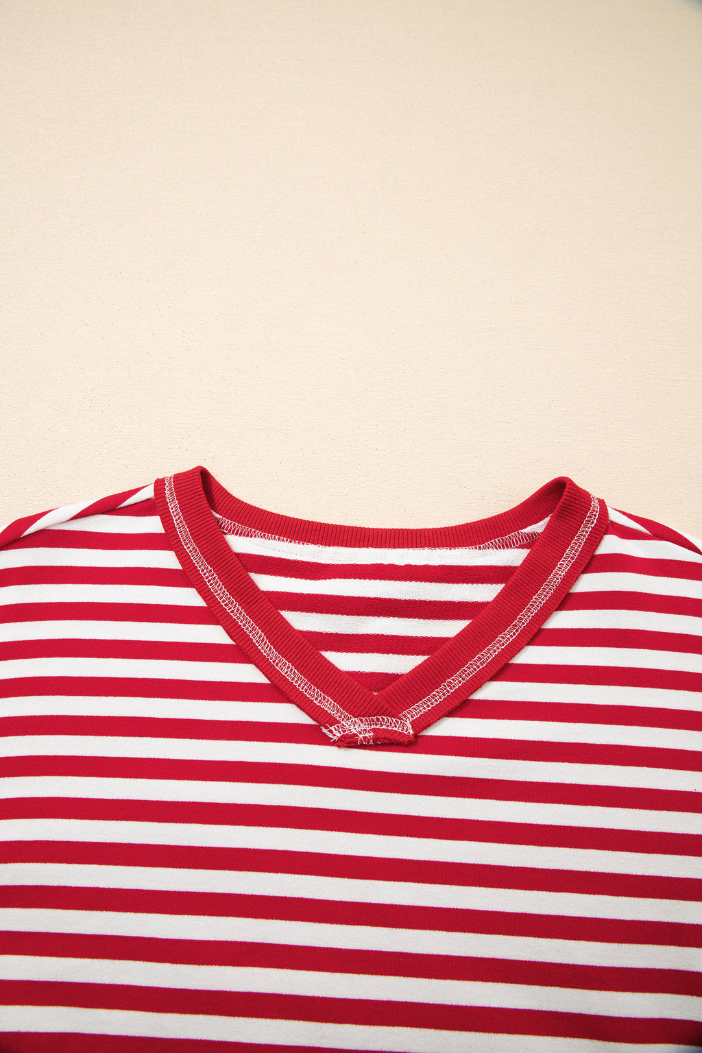 Red Stripe Exposed Seam V Neck Balloon Sleeve Pullover