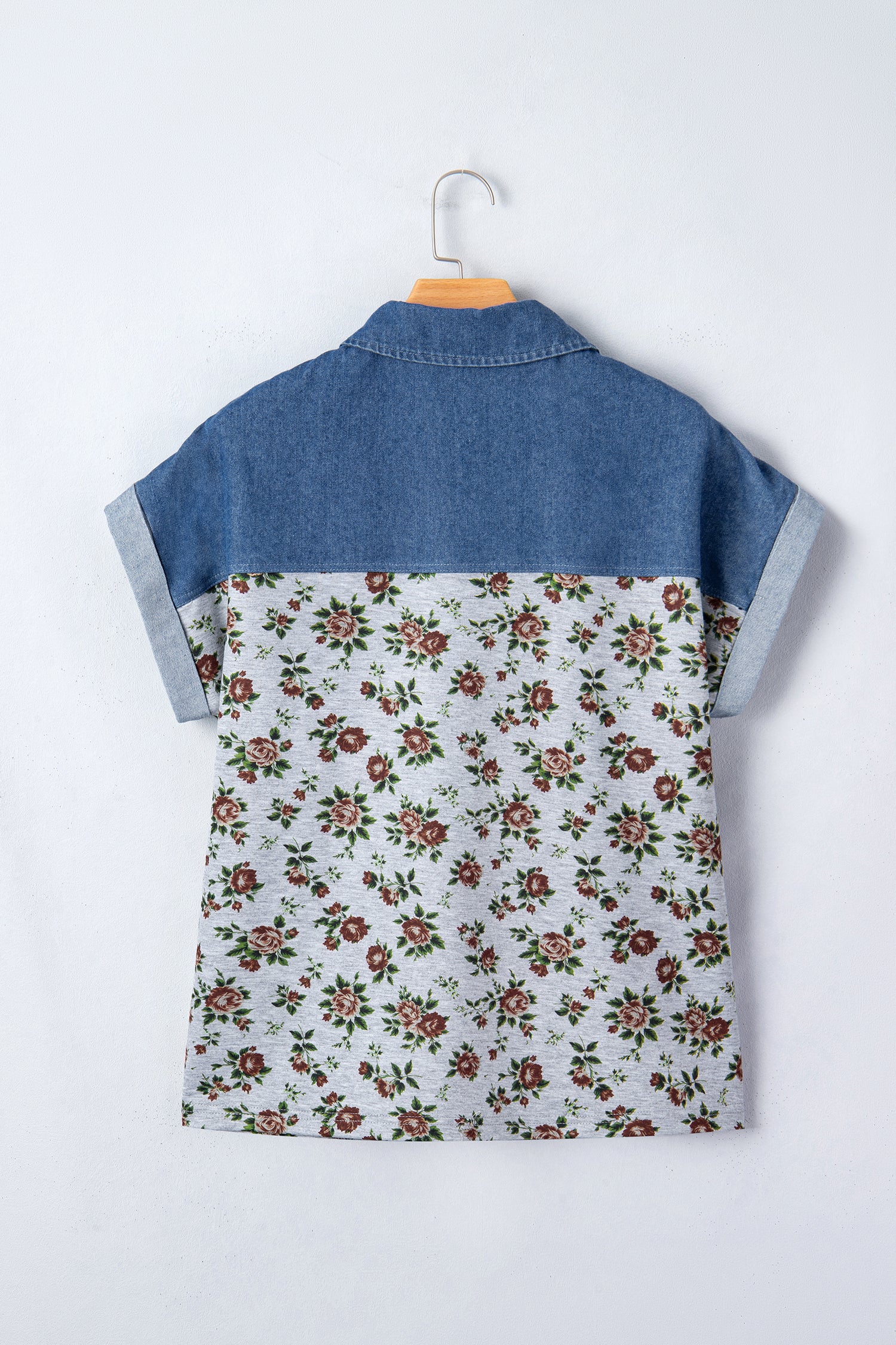 Gray Retro Floral Print Denim Patchwork Buttoned Polo Collar Top