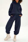 Navy Blue Solid Exposed Seams Hoodie and Joggers Activewear Set