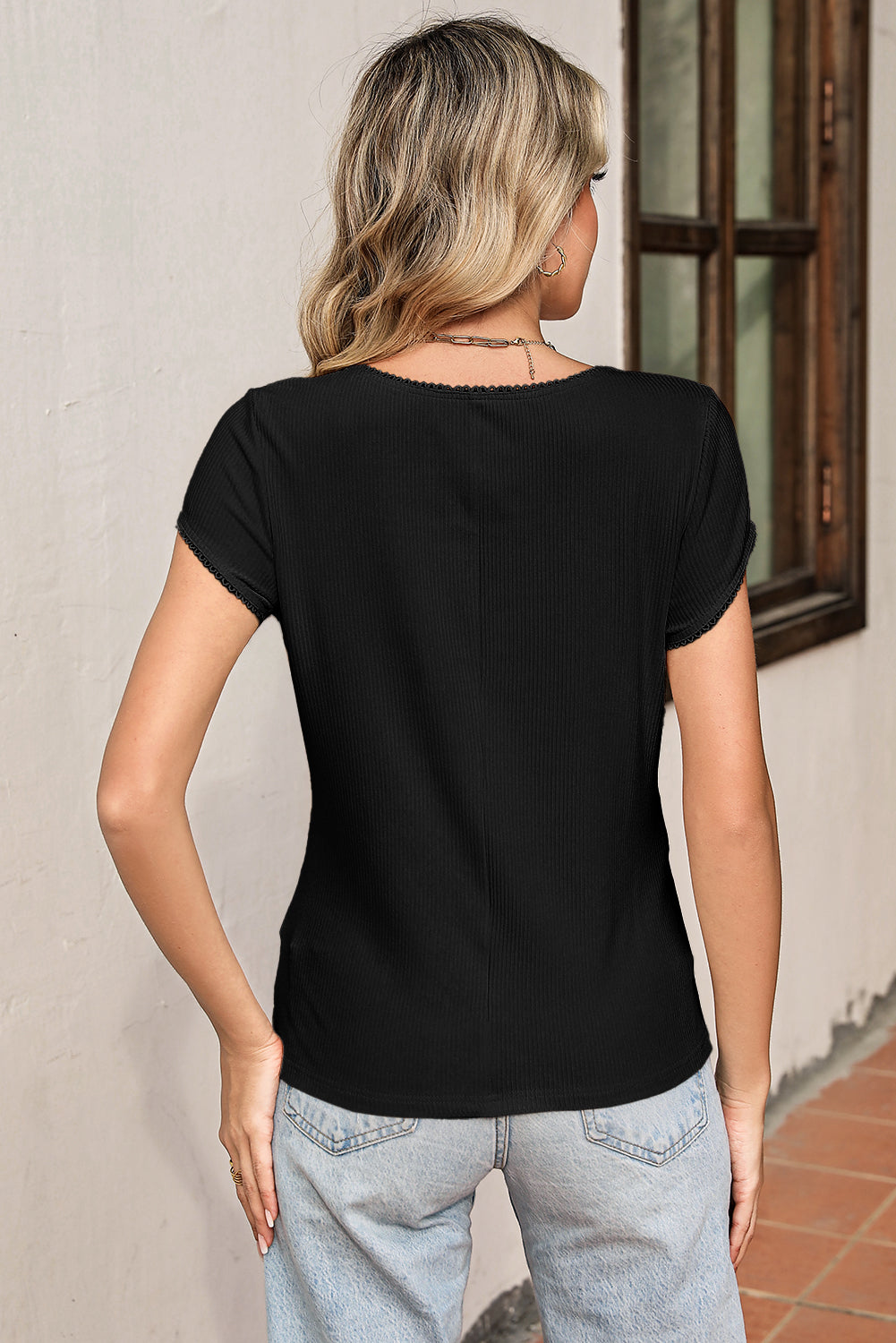 Black Solid Color Ribbed Knit Lace Trim Button Down Short Sleeve Top