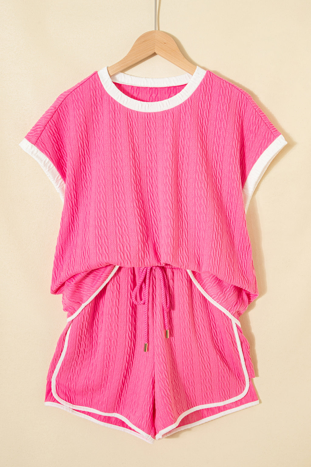 Bright Pink Textured Color Block Trim Loose Tee Drawstring Shorts 2pcs Set