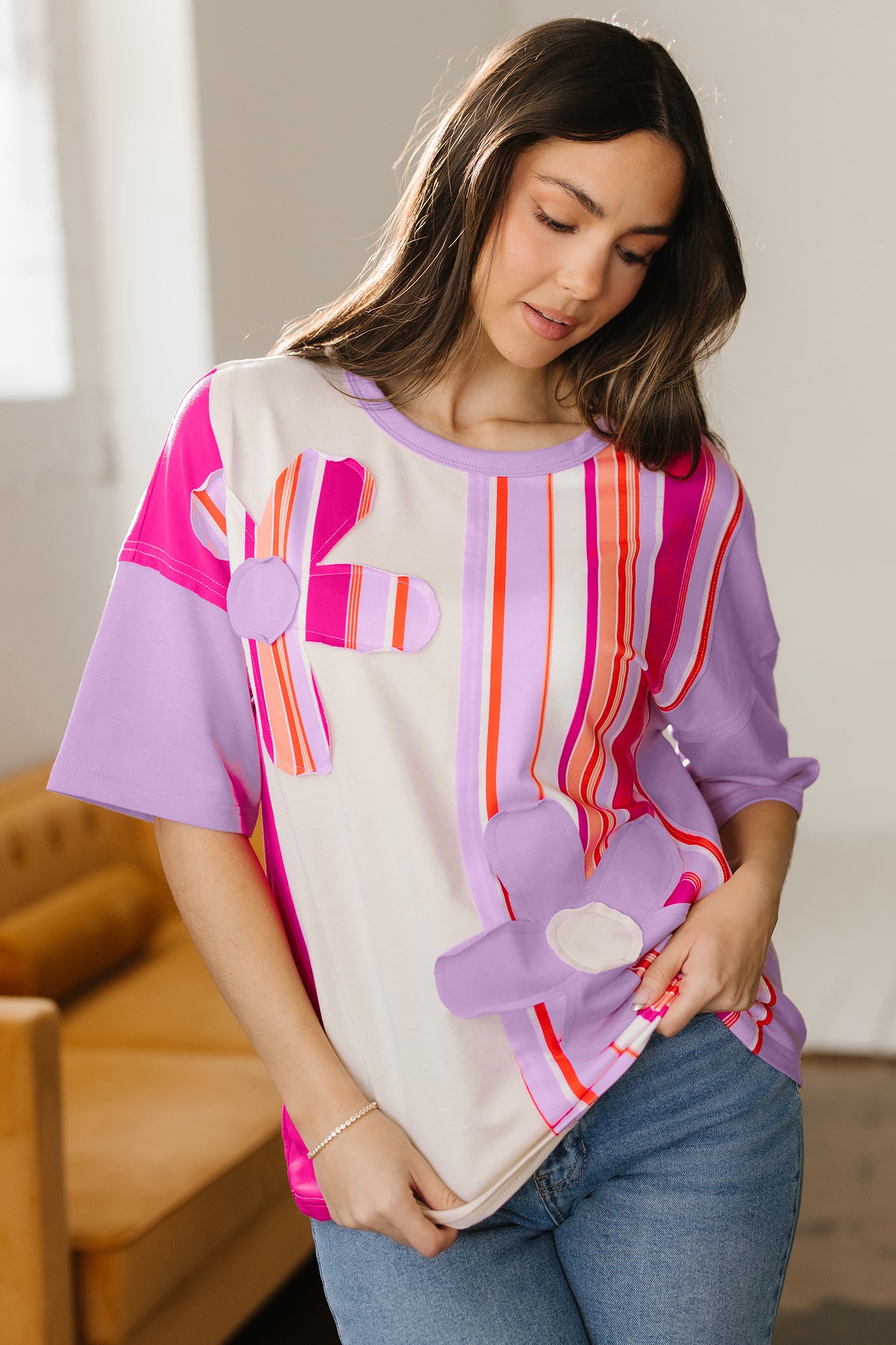 Pink Striped Color Block Flower Patched Half Sleeve Loose Top