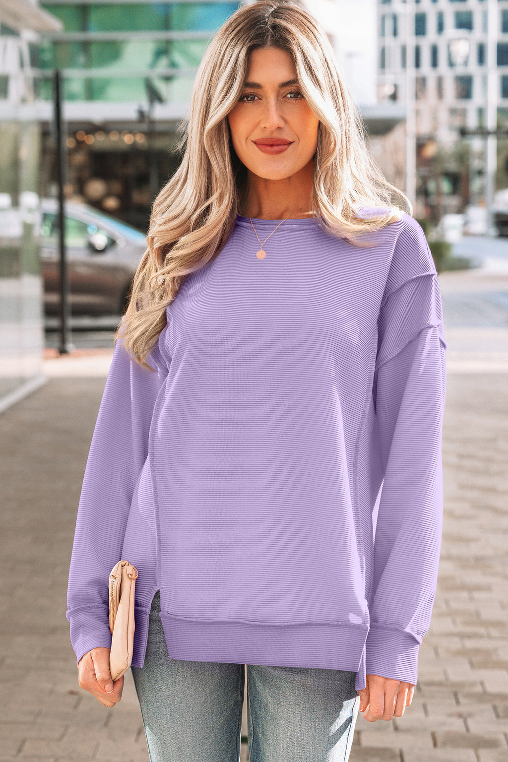 Lavendula Horizontal Ribbed Exposed Seam Detail Drop Shoulder Baggy Pullover