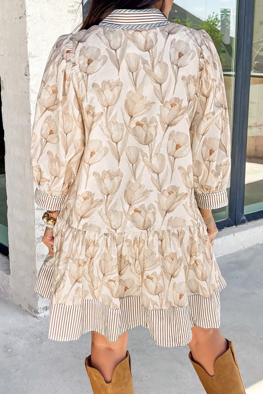 Khaki Plus Size Floral Print Striped Trim Patchwork Button Down A-line Dress