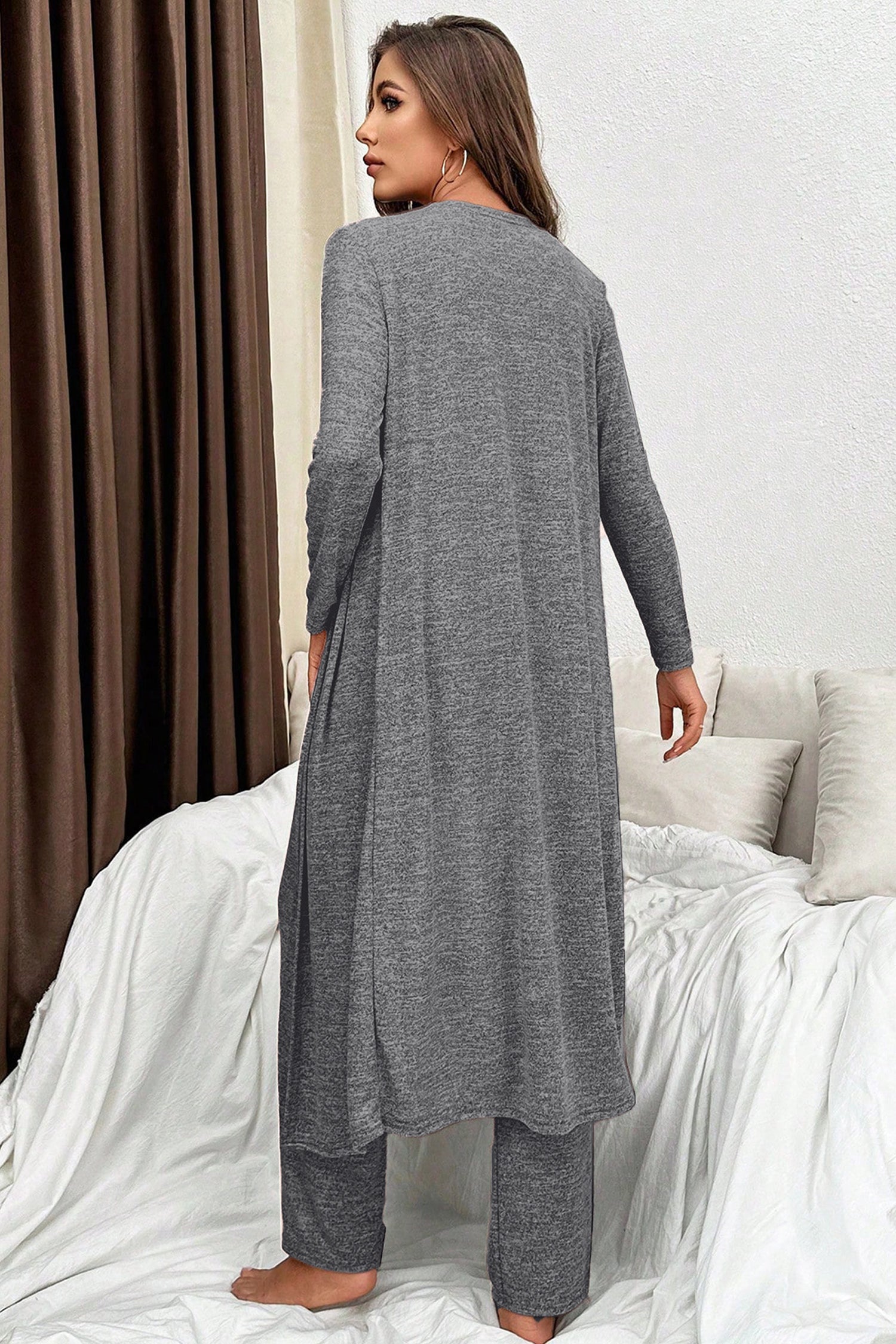 Dark Grey 3pcs V Neck T Shirt Ribbon Knot Pants Open Duster 3pcs Lounge Set