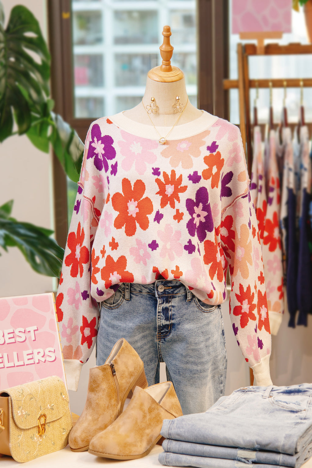 Khaki Fall Floral Pattern Drop Shoulder Sweater