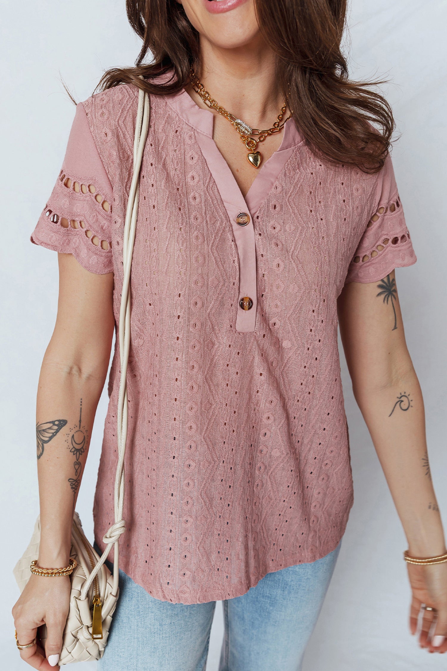 Fushia Textured Embroidered Half Buttons Short Sleeve Blouse