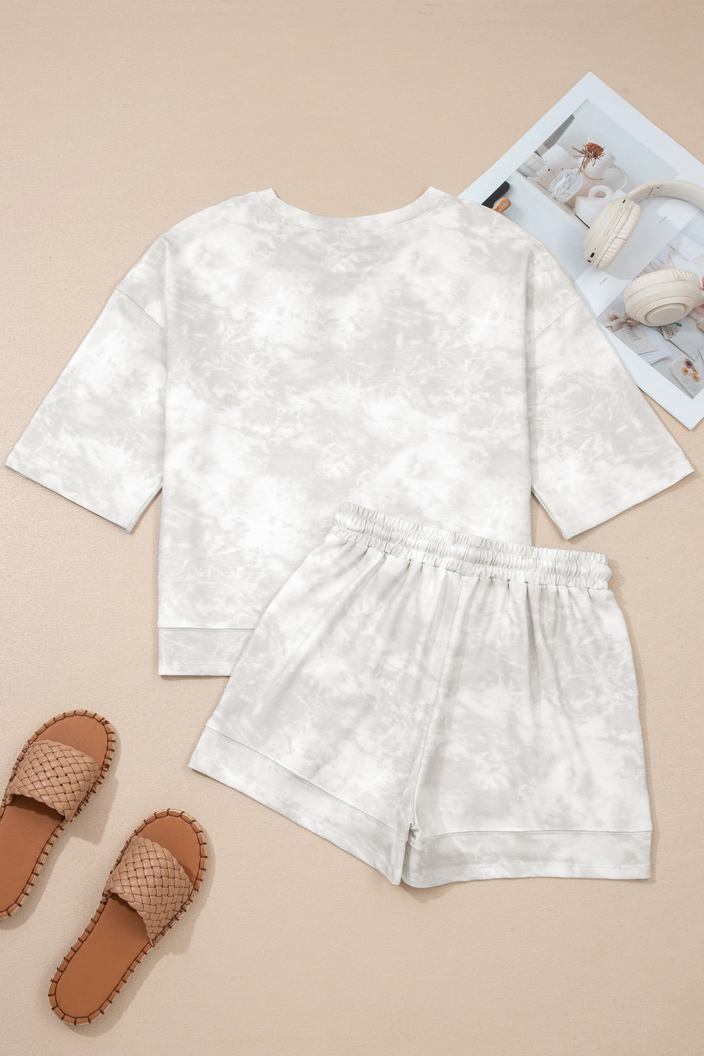 Beige Vintage Tie Dye Bracelet Sleeve Drawstring Elastic Waist 2pcs Short Set