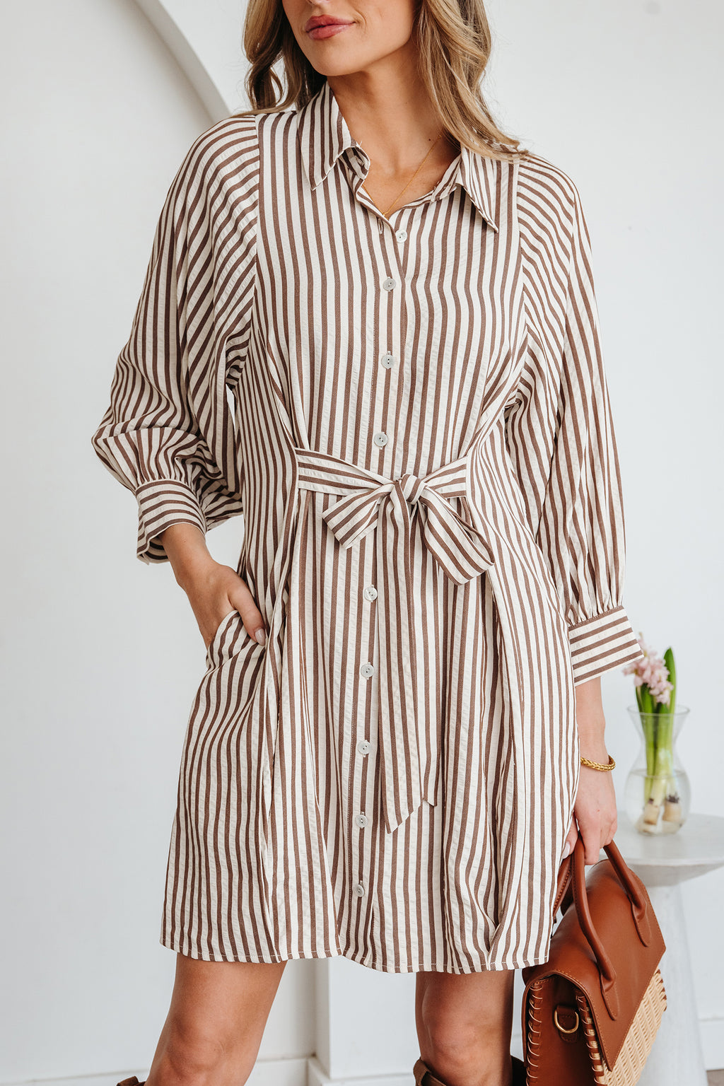 Brown Stripe Knot Waist Puff Sleeve Button Down Mini Shirt Dress