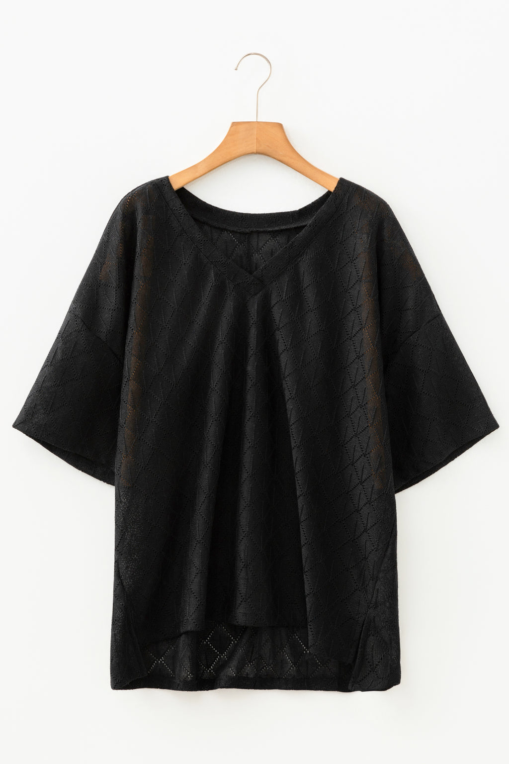 Black Pointelle Rhombus Knit Plus Size V Neck Loose Top