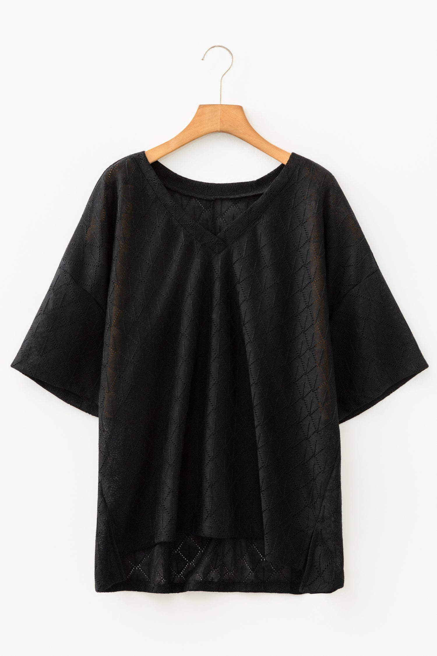 Black Pointelle Rhombus Knit Plus Size V Neck Loose Top