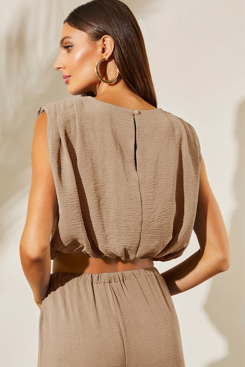 Pale Khaki Solid Color Keyhole Puffy Tank Drawstring Loose Pants 2pcs Outfit