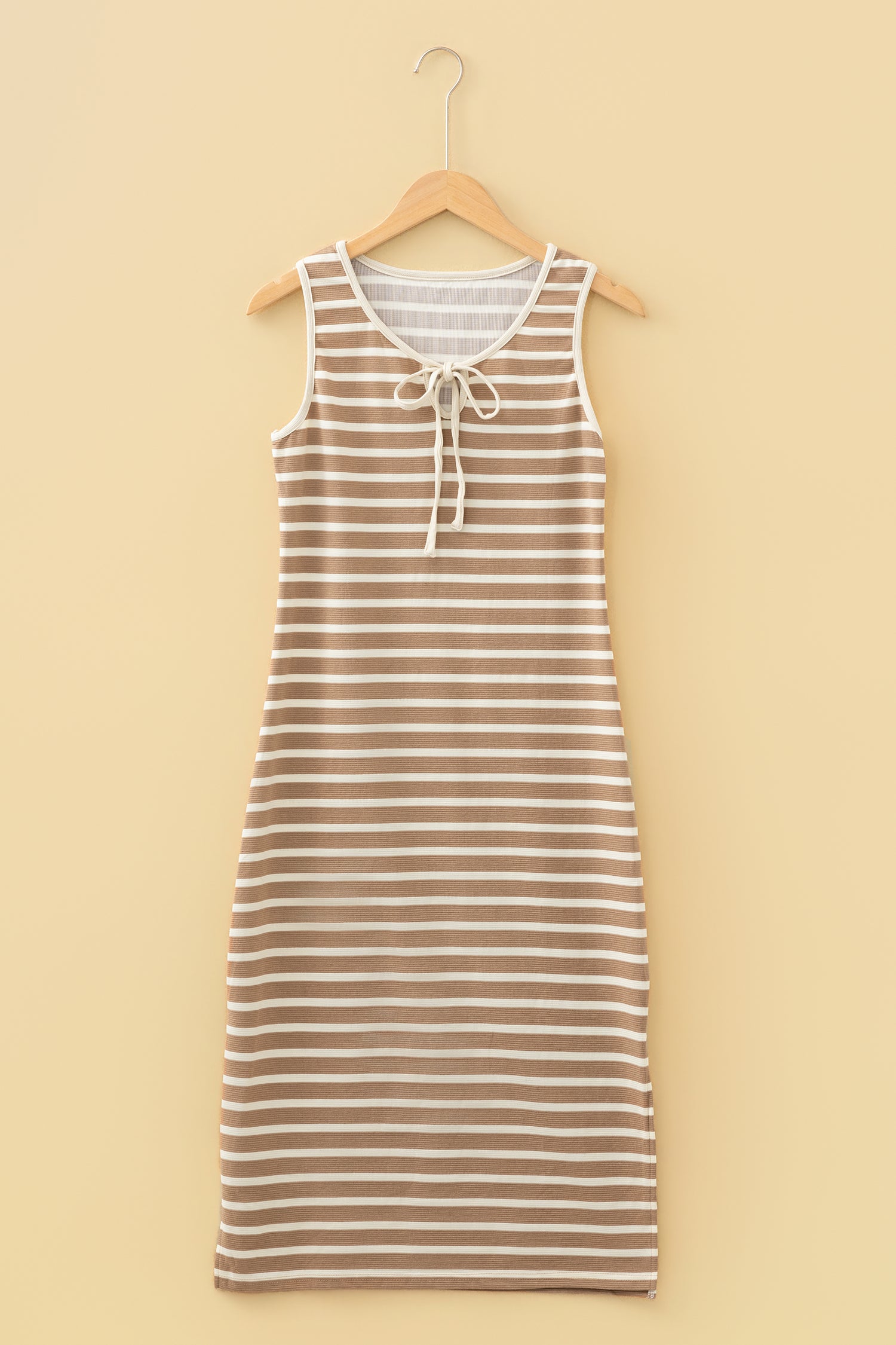 Khaki Stripe Tie V Neck Sleeveless Side Slit Midi Dress