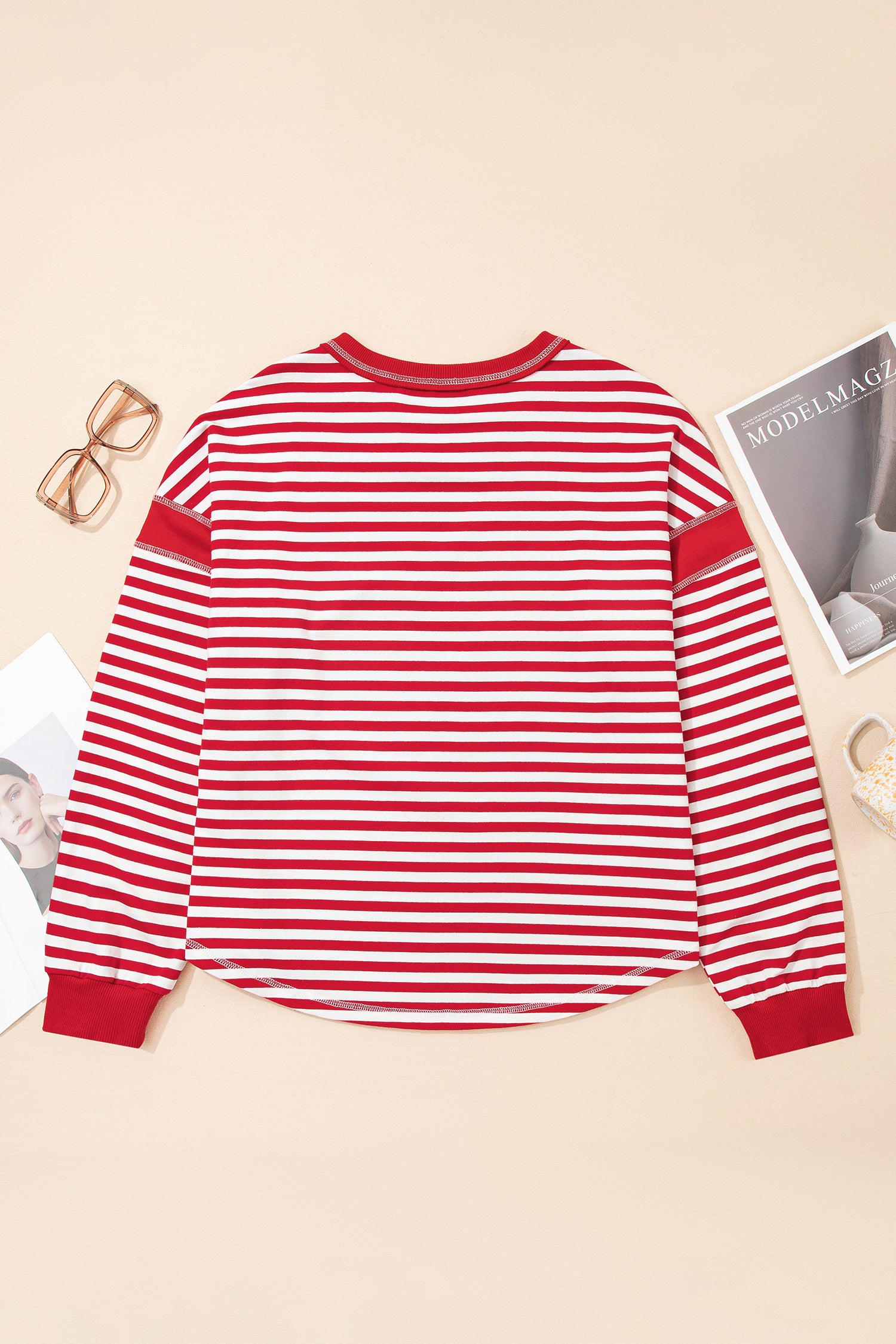 Red Stripe Exposed Seam V Neck Balloon Sleeve Pullover