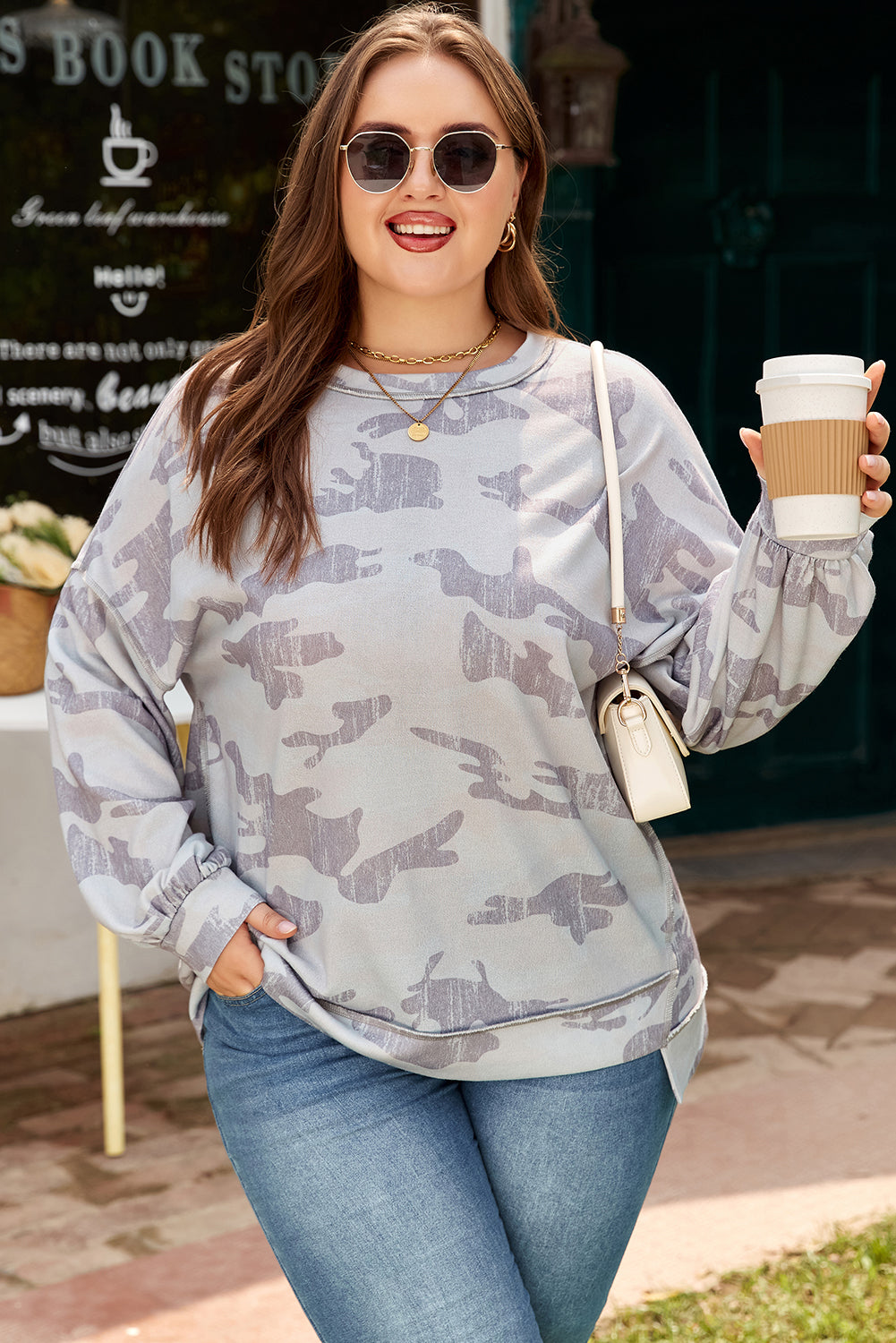 Multicolour Camouflage Print Round Neck Plus Size Sweatshirt