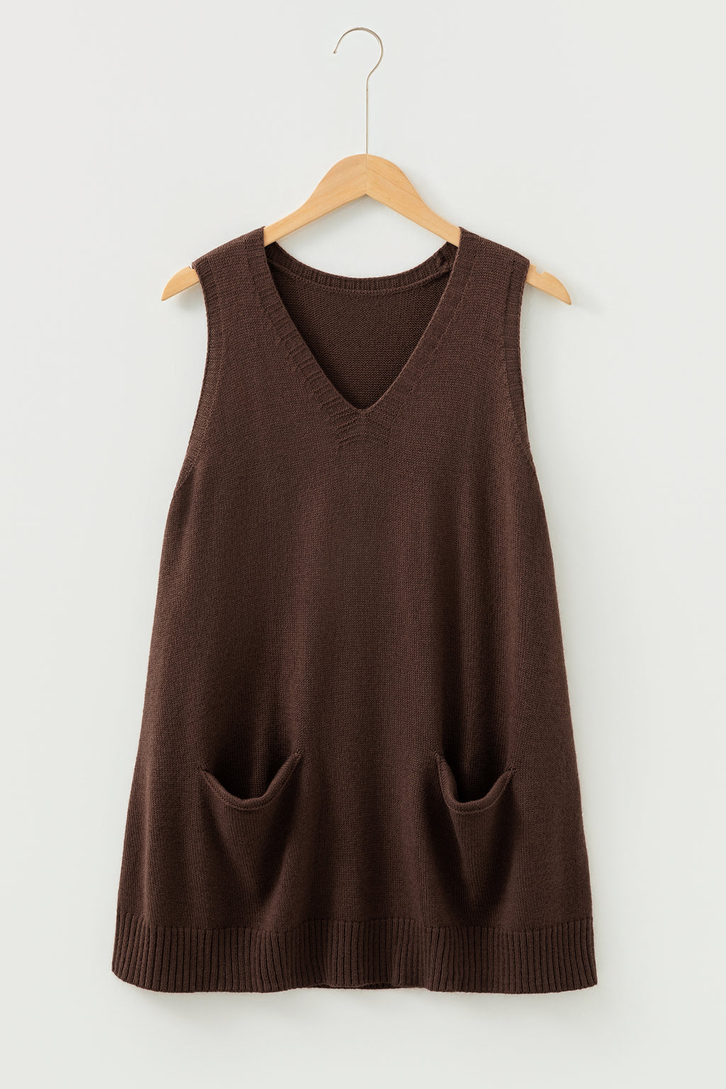 Dark Brown Ribbed Deep V Neckline Front Pocketed Loose Tunic Sweater Vest