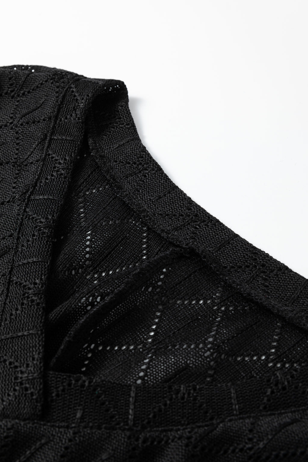 Black Pointelle Rhombus Knit Plus Size V Neck Loose Top