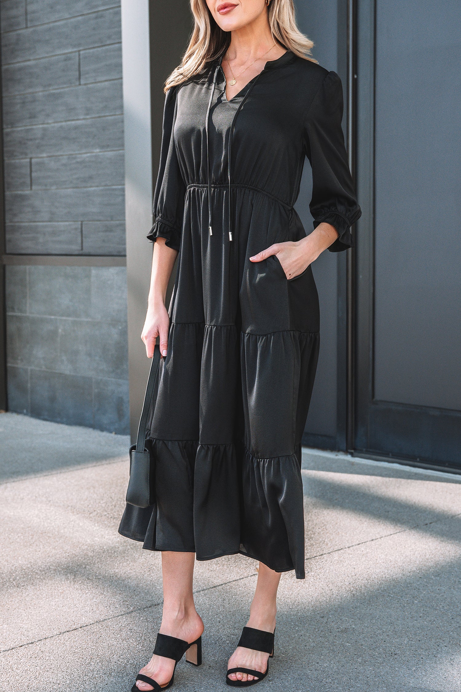 Black Flounced Bracelet Sleeve V Neck Tiered Maxi Dress
