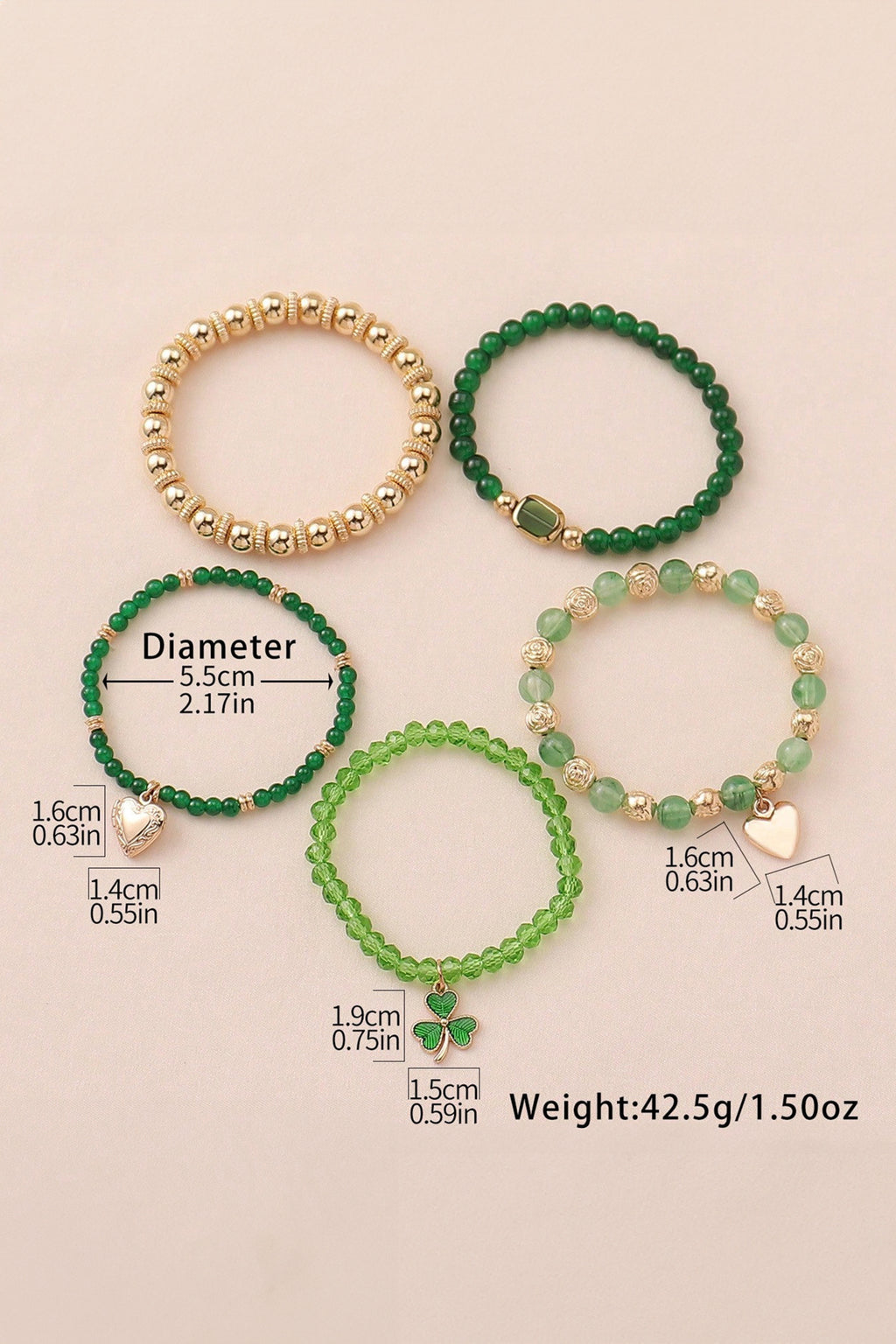 Green 5pcs St Patrick Lucky Beading Heart Charm Bracelets Set