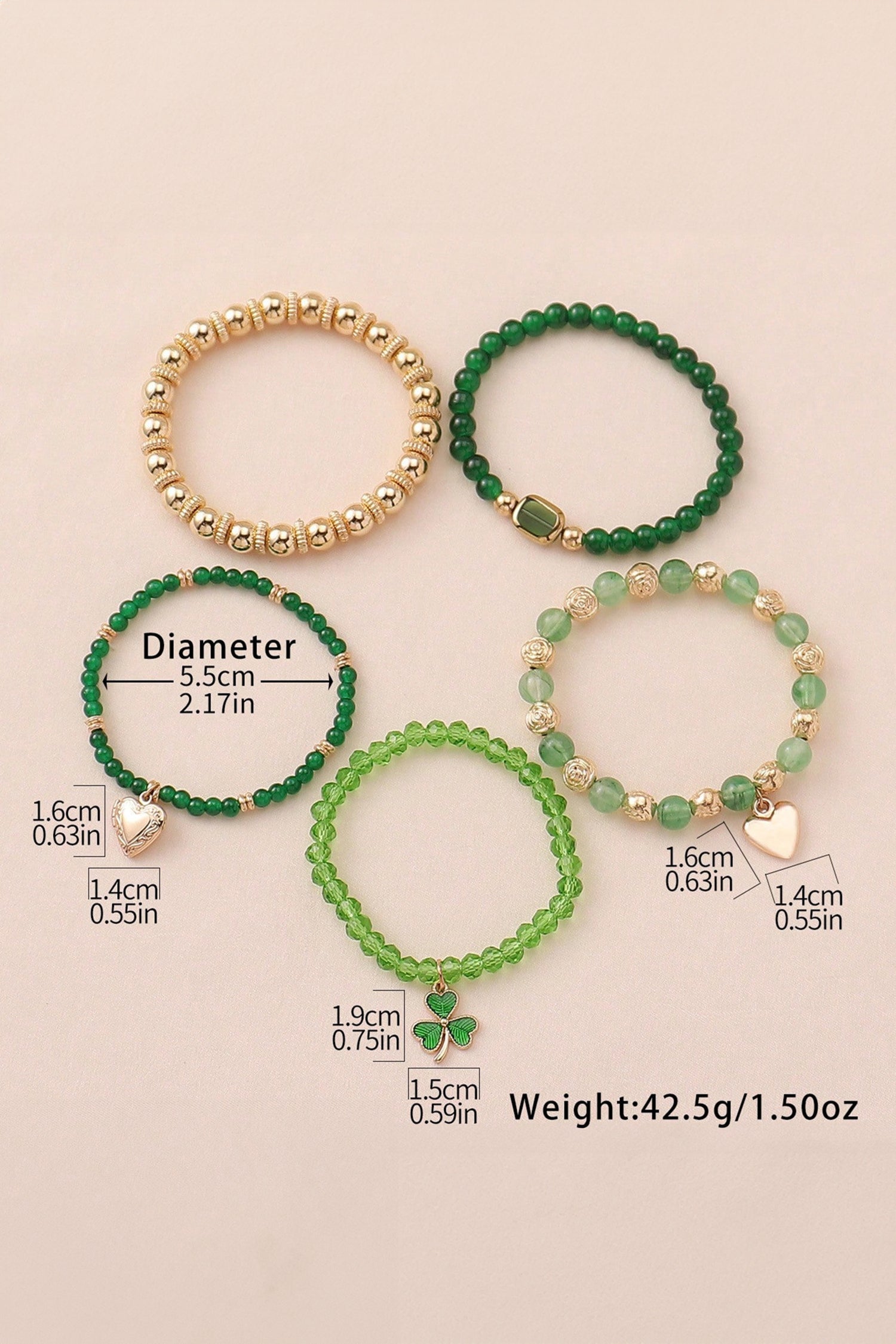 Green 5pcs St Patrick Lucky Beading Heart Charm Bracelets Set
