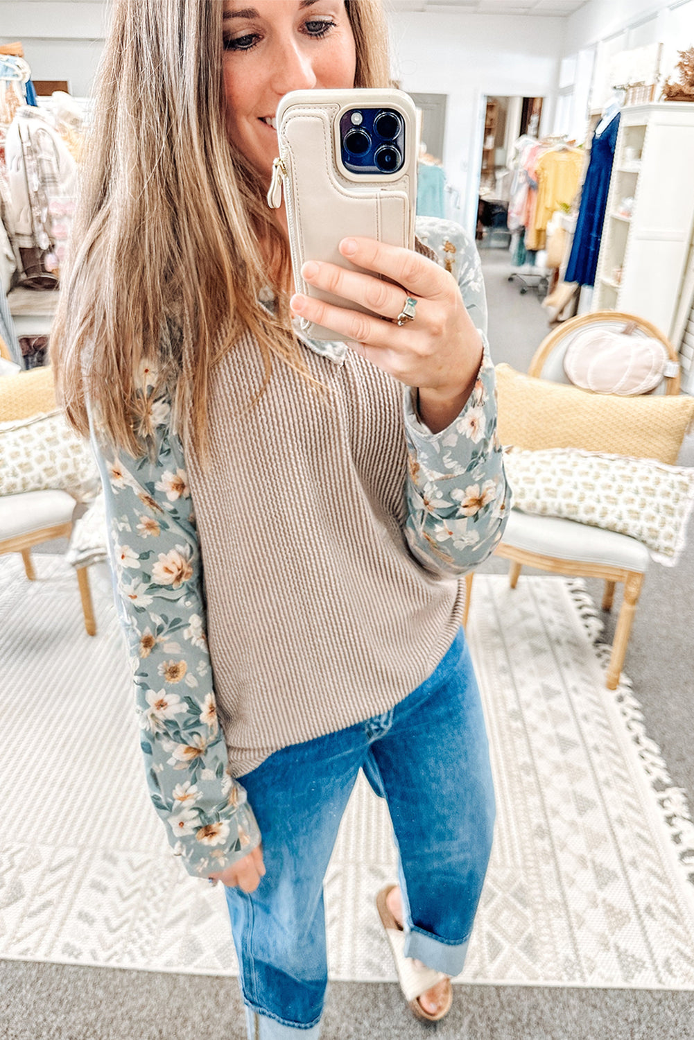 Parchment Twist Ribbed Floral Contrast Patchwork Long Sleeve Top