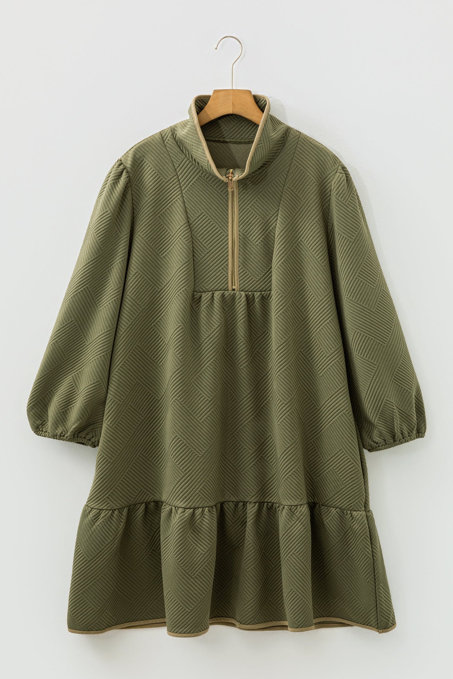 Jungle Green Plus Size Textured Contrast Trim Quarter Zip Bracelet Sleeve Mini Dress