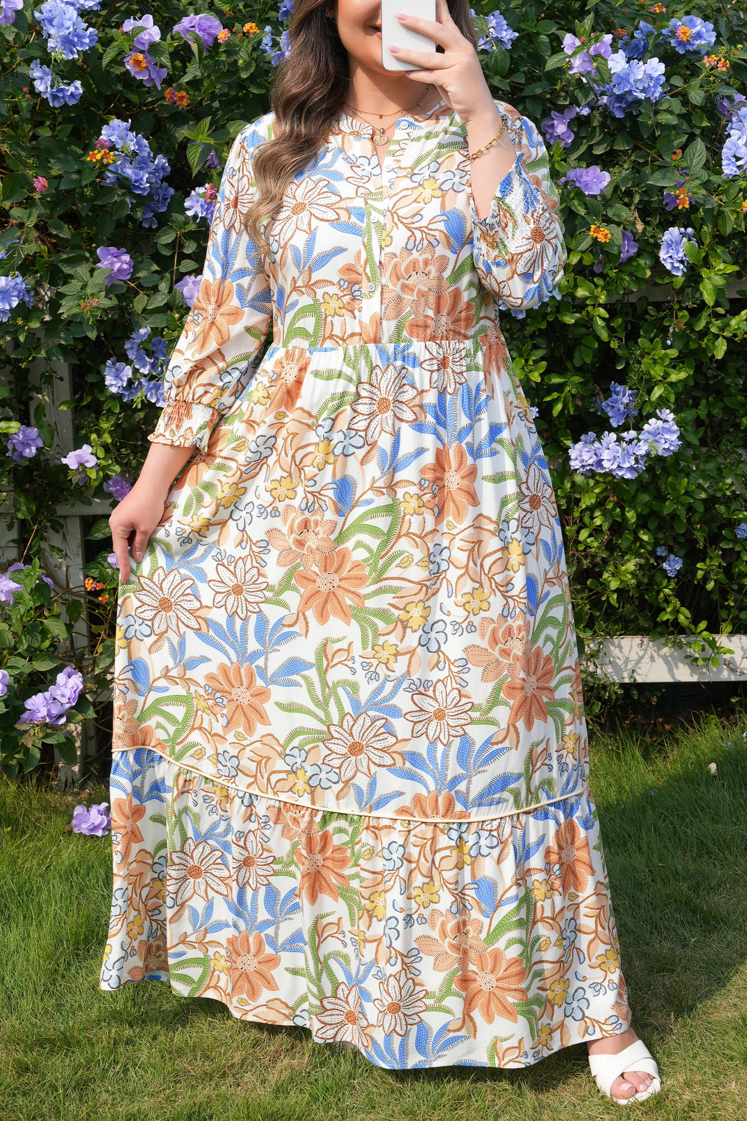 Khaki Floral Print 3/4 Sleeves Tiered Plus Size Long Dress