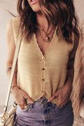 Pale Khaki Hollow out Trim Buttoned Front Boho Sweater Vest