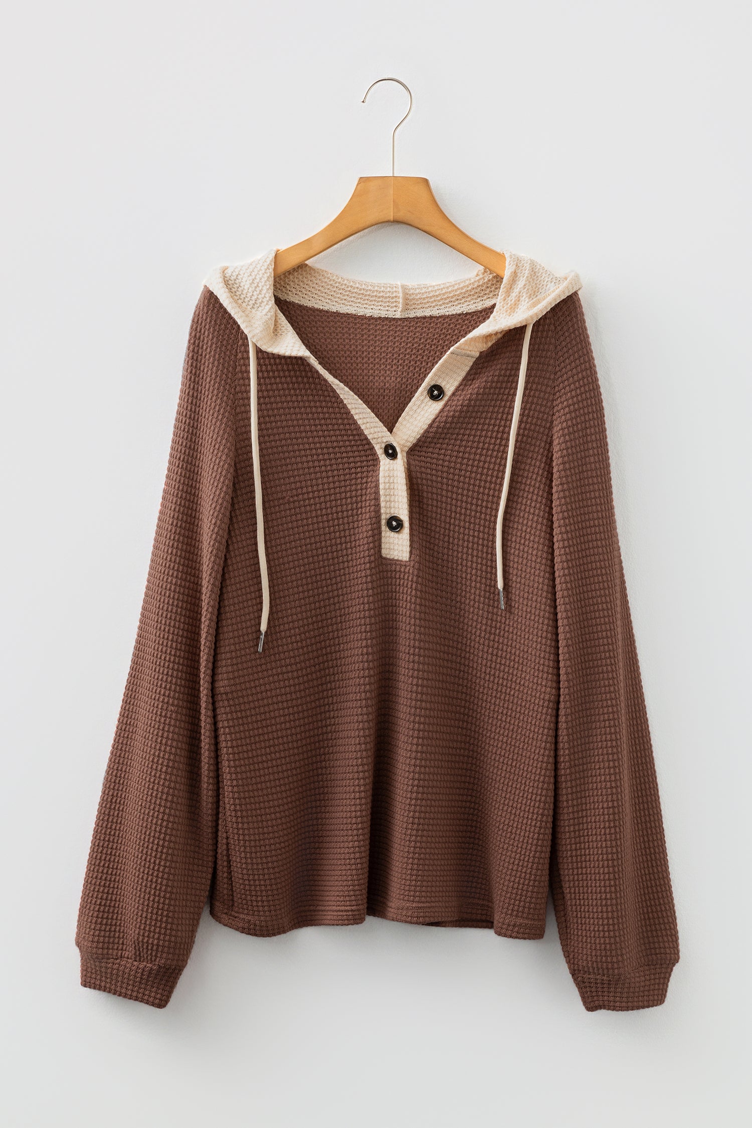 Coffee Waffle Contrast Half Buttoned Hooded Pullover Top